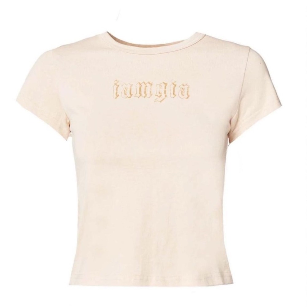 IAM.GIA Women's‎ Beige Crop Top Short Sleeve T-Shirt Gothic Logo Trendy Womens L